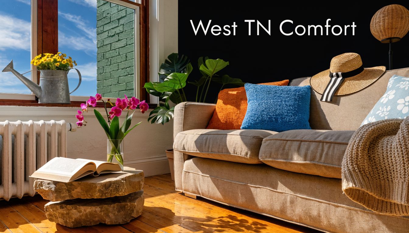 A cozy living room interior featuring a beige sofa, colorful cushions, potted plants, and a rustic stone coffee table.
