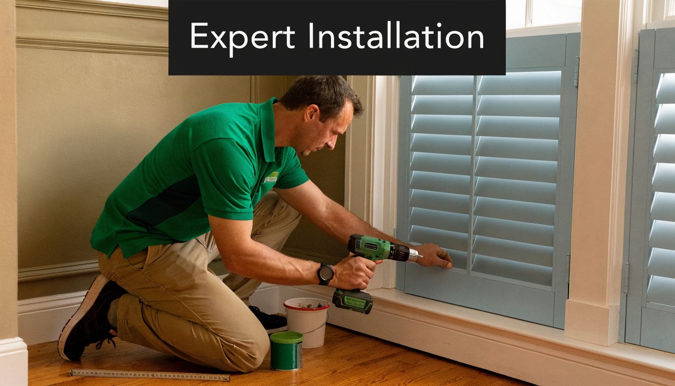 A professional technician carefully installing light blue louvered vinyl shutters on a window frame using a drill.