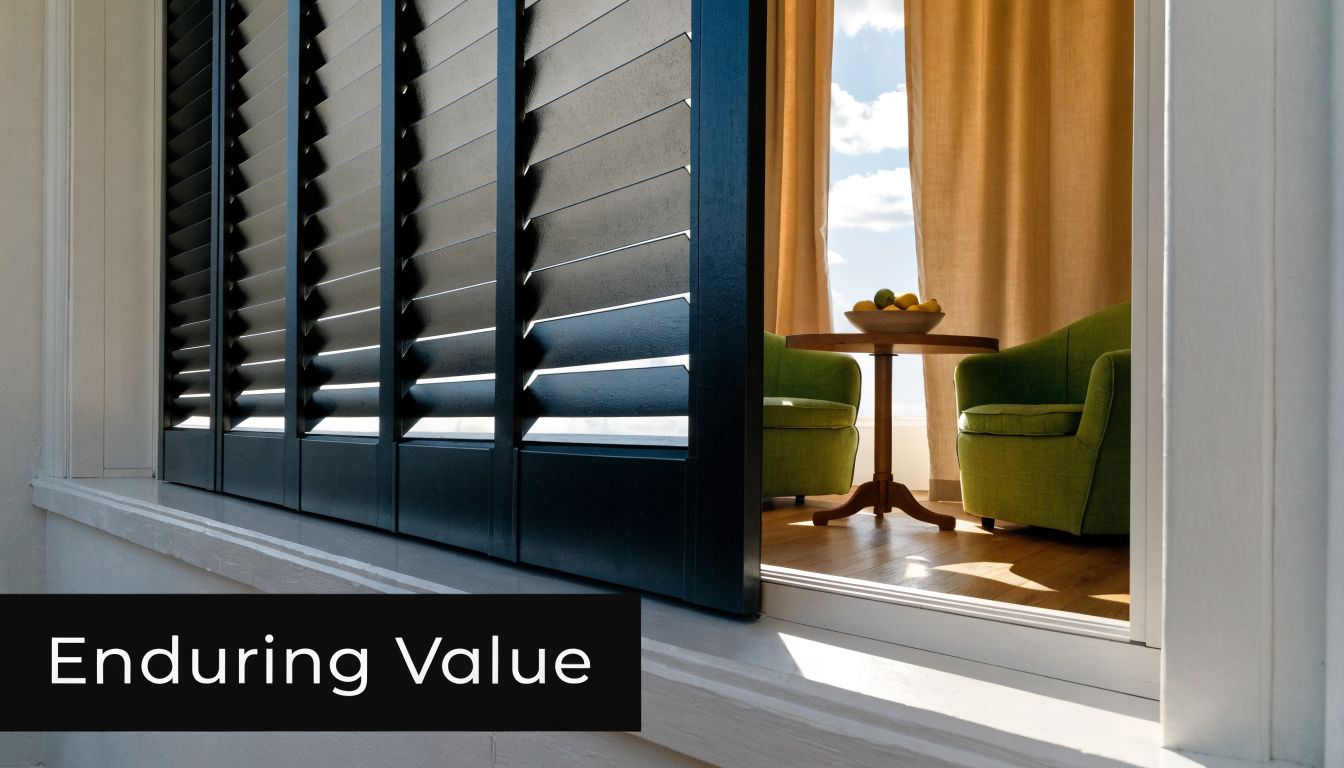 Open dark louvered vinyl shutters revealing a cozy seating area with green armchairs and a table.