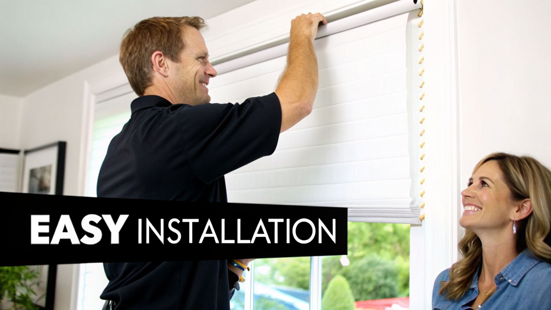 A smiling man installs white window shades while a woman happily watches the process.