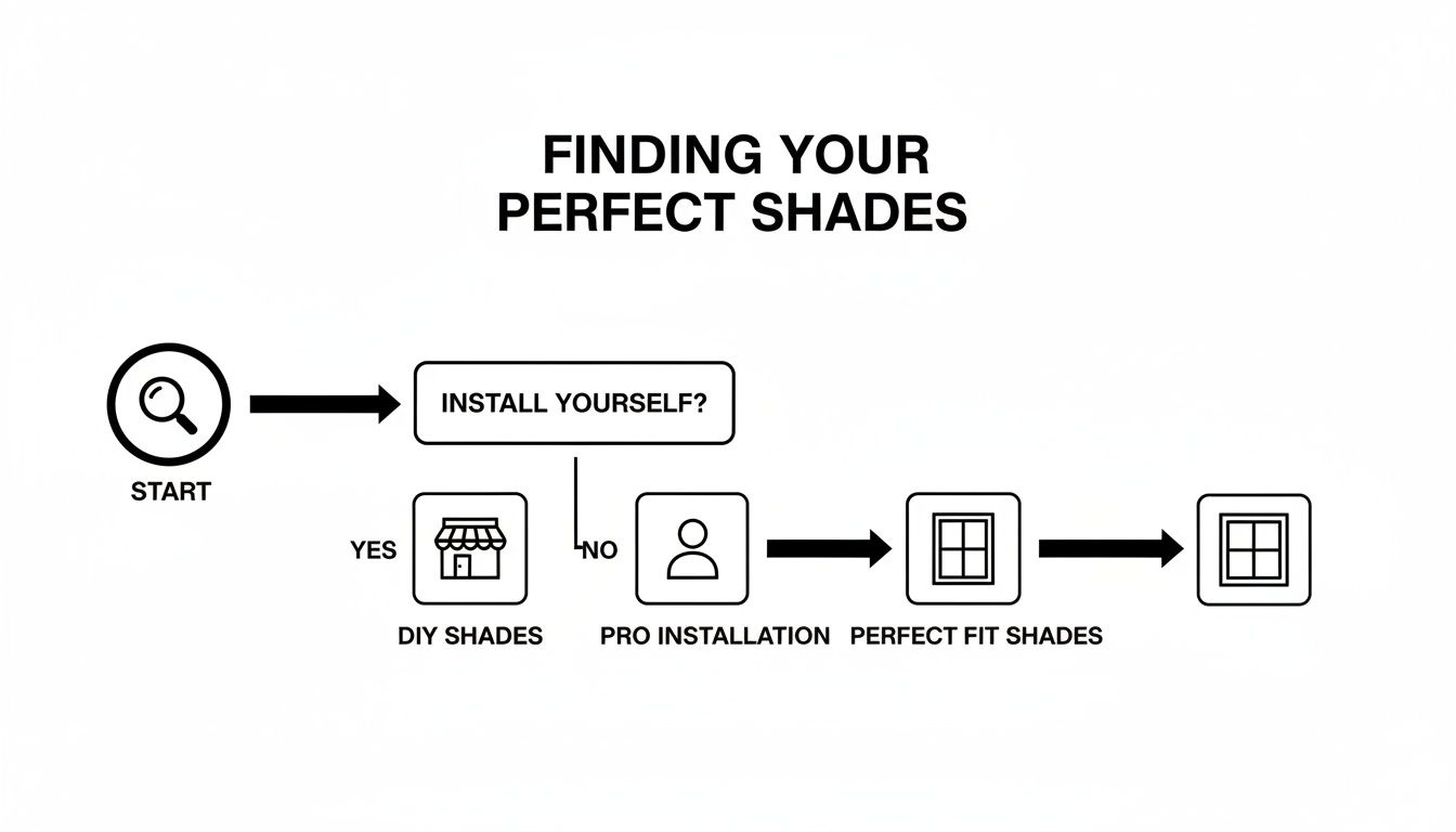 Flowchart illustrating the process of finding perfect window shades, with options for DIY or professional installation.