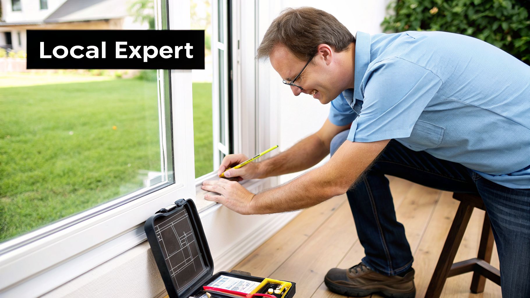 A local expert measures a window frame with a pencil, preparing for installation or repair.