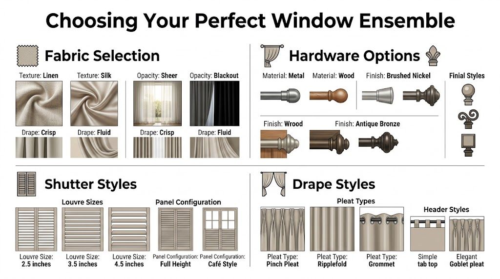 A comprehensive guide illustrating fabric, hardware, shutter, and drape options for custom window treatment selection.
