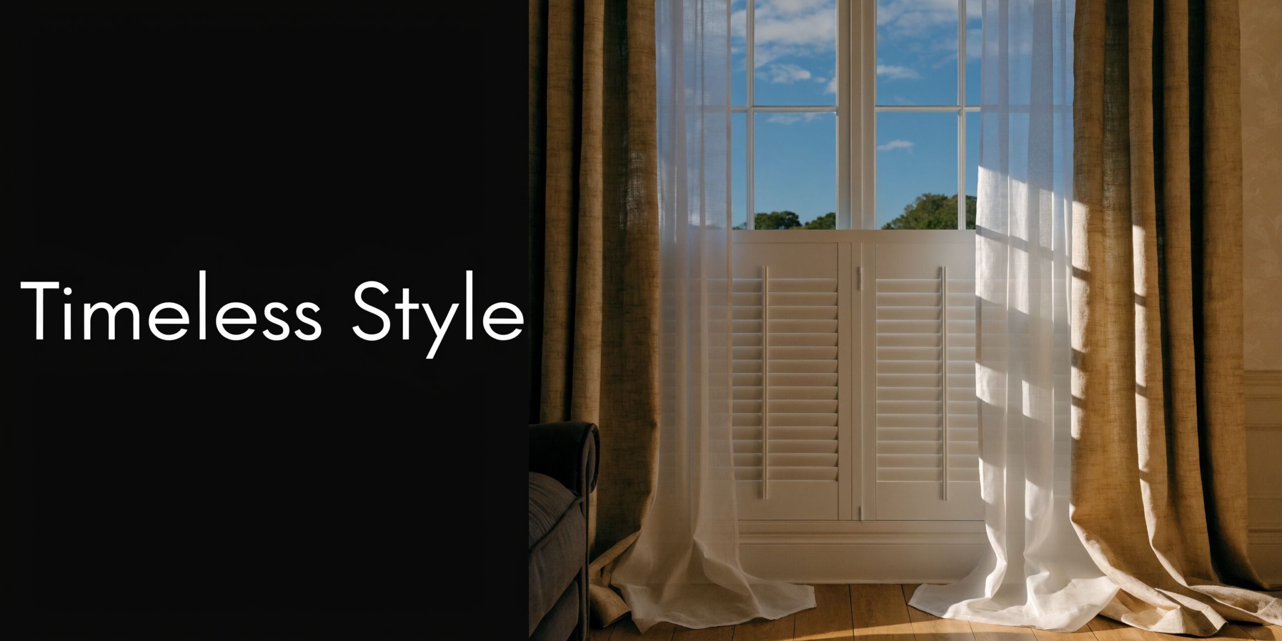 Elegant white window shutters complemented by sheer light curtains and heavy beige drapes in a room.