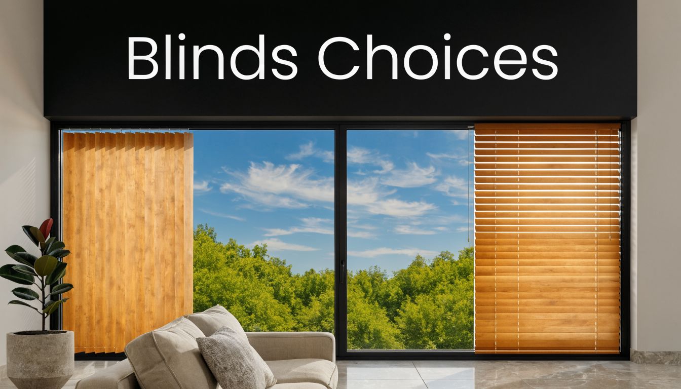 A modern living room with a large sliding glass door featuring wood vertical and horizontal blinds.