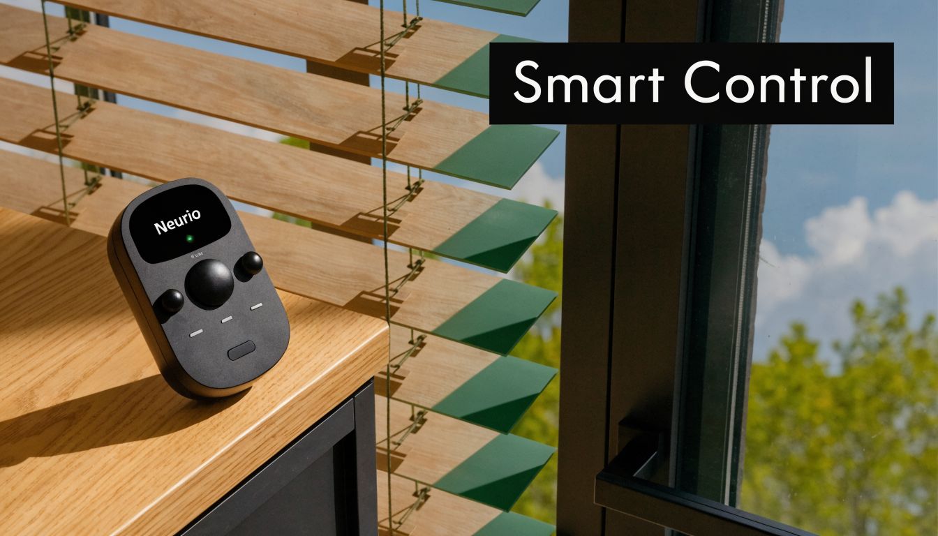 A black Neurio smart control device sits on a wooden desk next to window blinds.