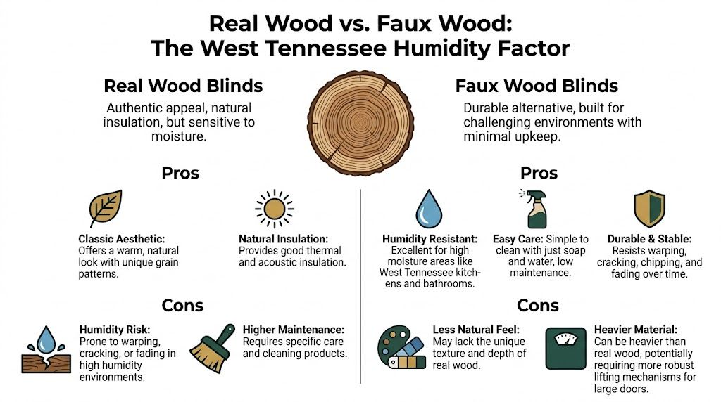 An infographic comparing the pros and cons of real wood blinds versus faux wood blinds in humid climates.