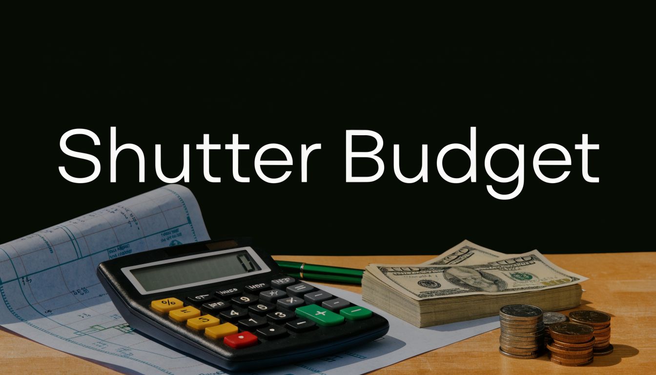 A calculator, a stack of cash, and coins sit on a table with a shutter planning blueprint.