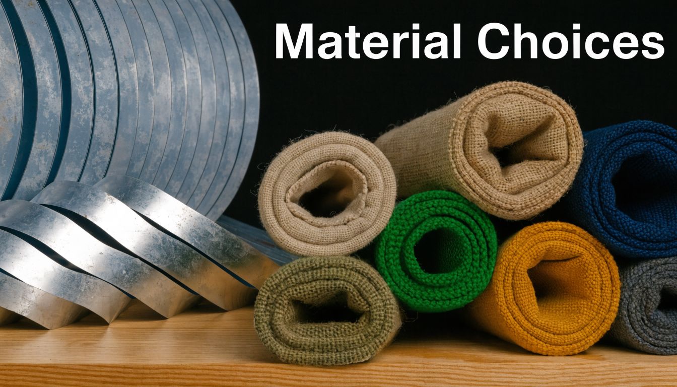 A close-up view showing a roll of metal strips next to various colorful fabric textile rolls.