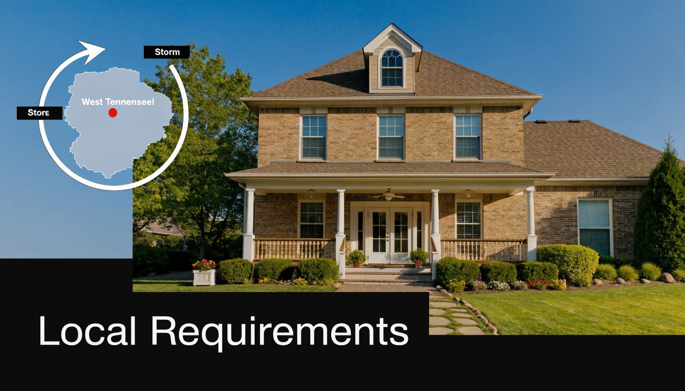 A large residential brick house with a storm alert graphic overlay for West Tennenseel local requirements.