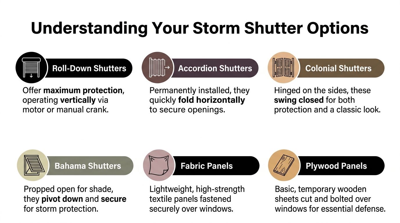 A descriptive infographic showing various types of exterior storm shutters for home protection, including roll-down and plywood panels.