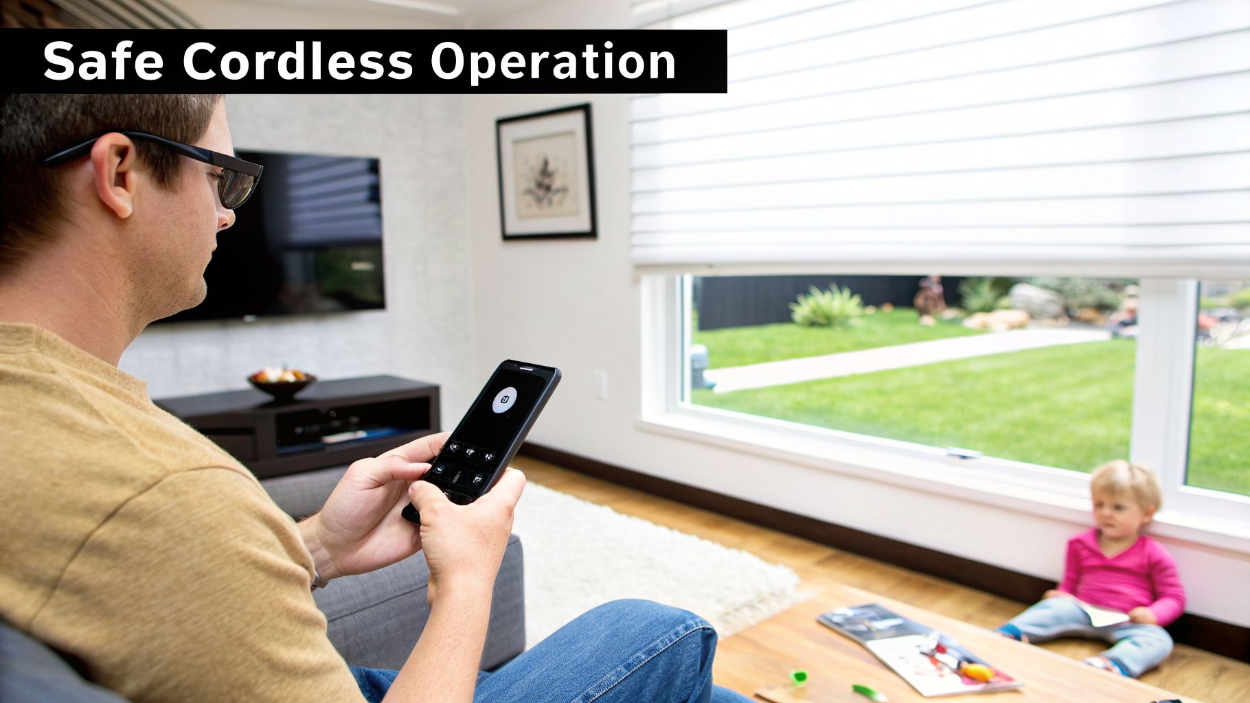 A man uses a remote to control white cordless window blinds in a living room, with a child nearby.