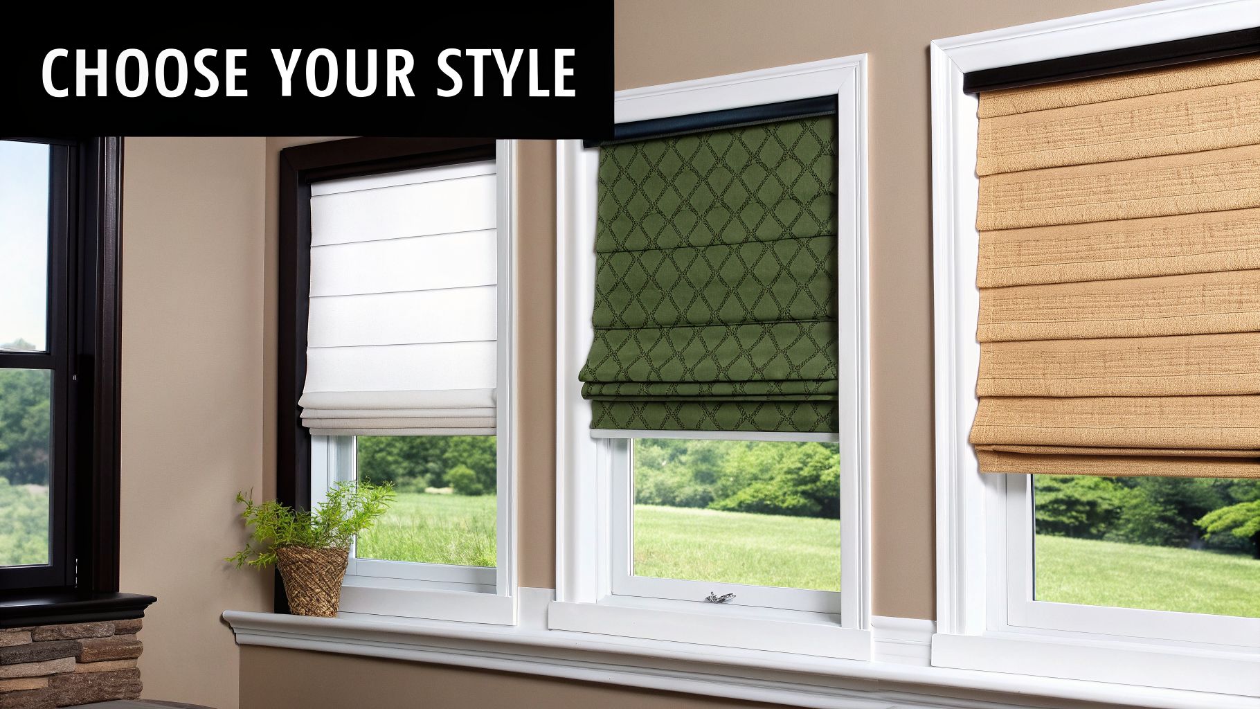 Three windows showcasing different styles of Roman shades in white, green, and natural tones, with a 'Choose Your Style' banner.