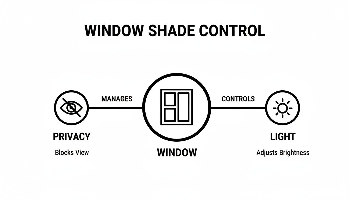 Diagram showing window shade control manages privacy (blocks view) and controls light (adjusts brightness).