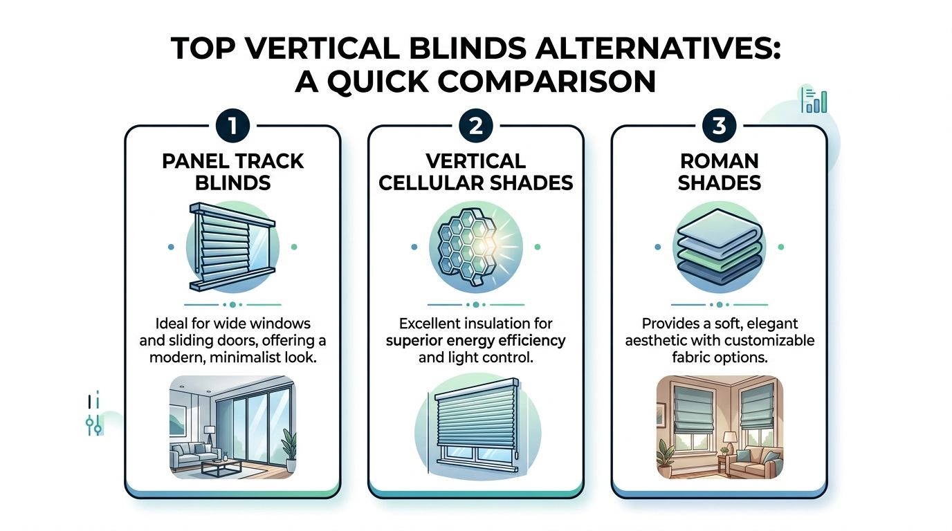 An infographic showing three top alternatives to vertical blinds including panel track, vertical cellular, and roman shades.