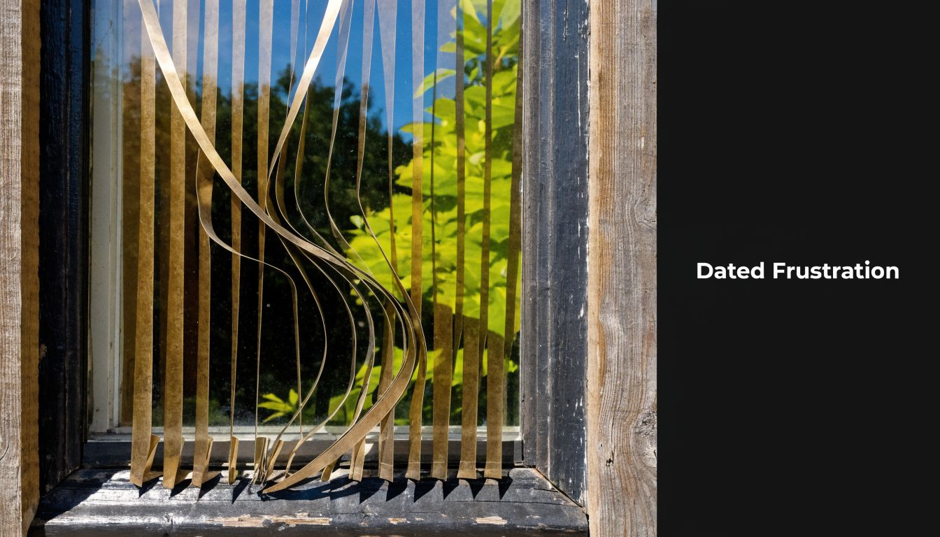 Damaged, curling gold vertical blinds hanging in front of a window with a green tree outside.
