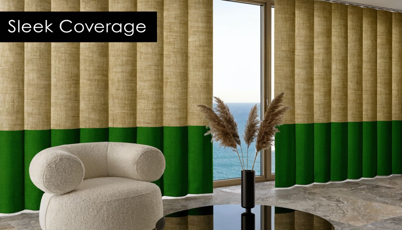 A modern living room featuring elegant two-toned beige and green floor-to-ceiling vertical window treatments.