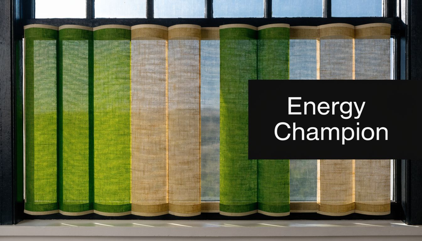 A modern window covered with green and beige vertical panel blinds in a contemporary interior setting.