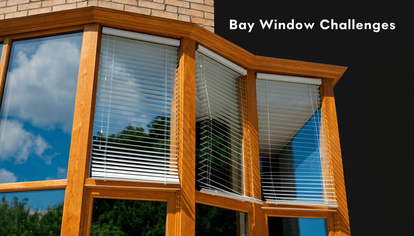 A close-up view of a wooden framed bay window featuring horizontal blinds installed in each section.