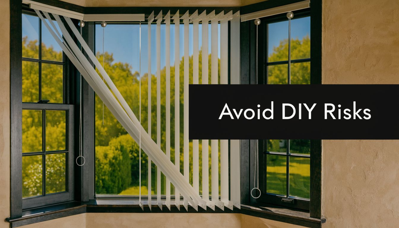 A bay window interior featuring white vertical blinds and dark wooden frames, emphasizing professional installation safety.