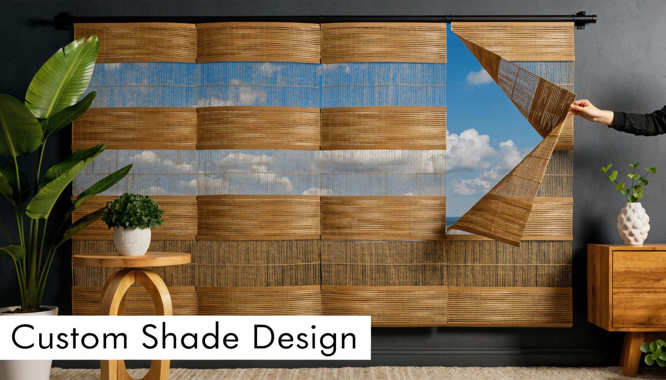 A modern bamboo woven wood shade covering a window with a sunny sky view in a living room.