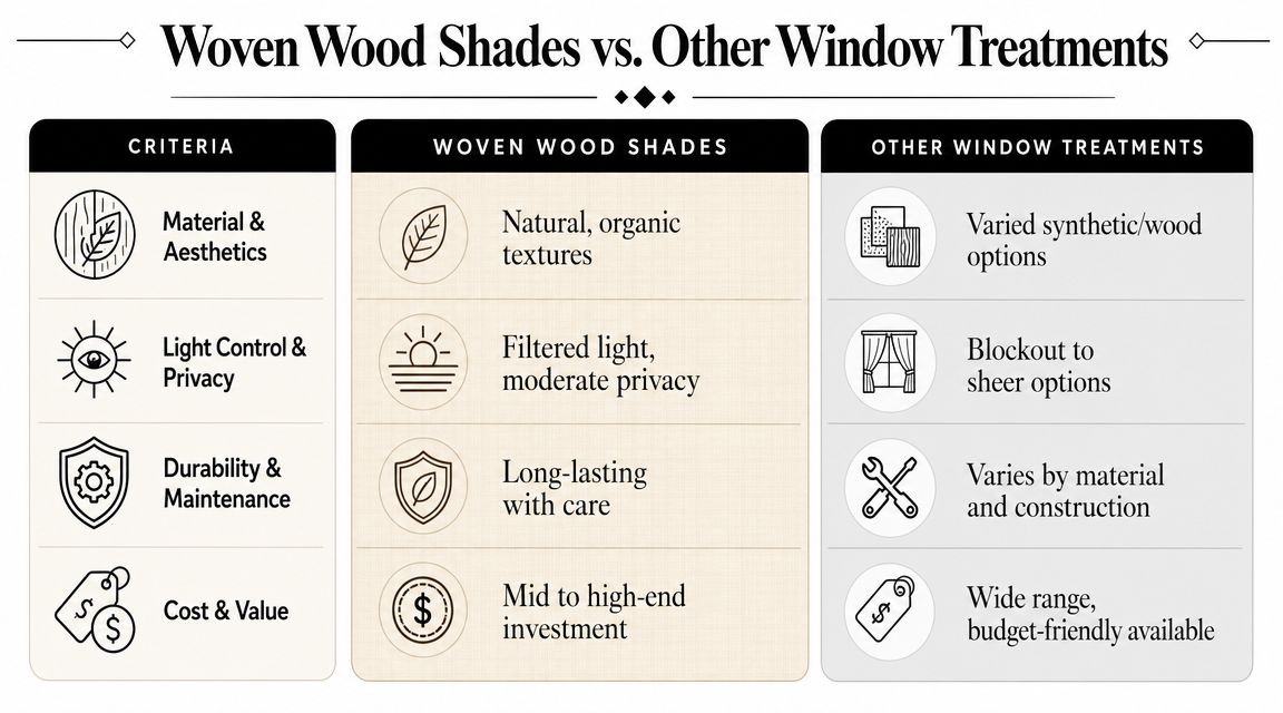 A comparison chart showing features and differences between woven wood shades and other window treatments.