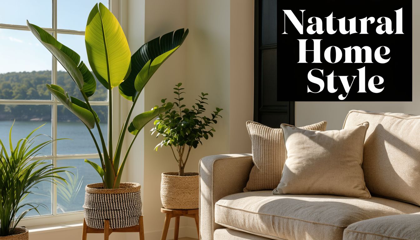 A sunlit living room featuring lush green indoor plants in woven baskets next to a beige sofa.