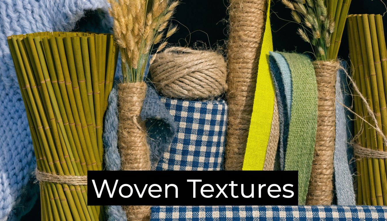 A close-up collection of various natural textures including bamboo, twine, woven fabric, and decorative dried wheat.