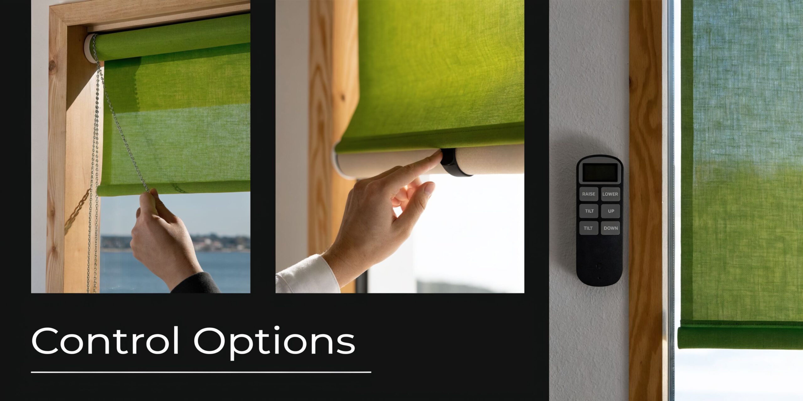 A composite image displaying three different control options for modern green roller shades for home windows.