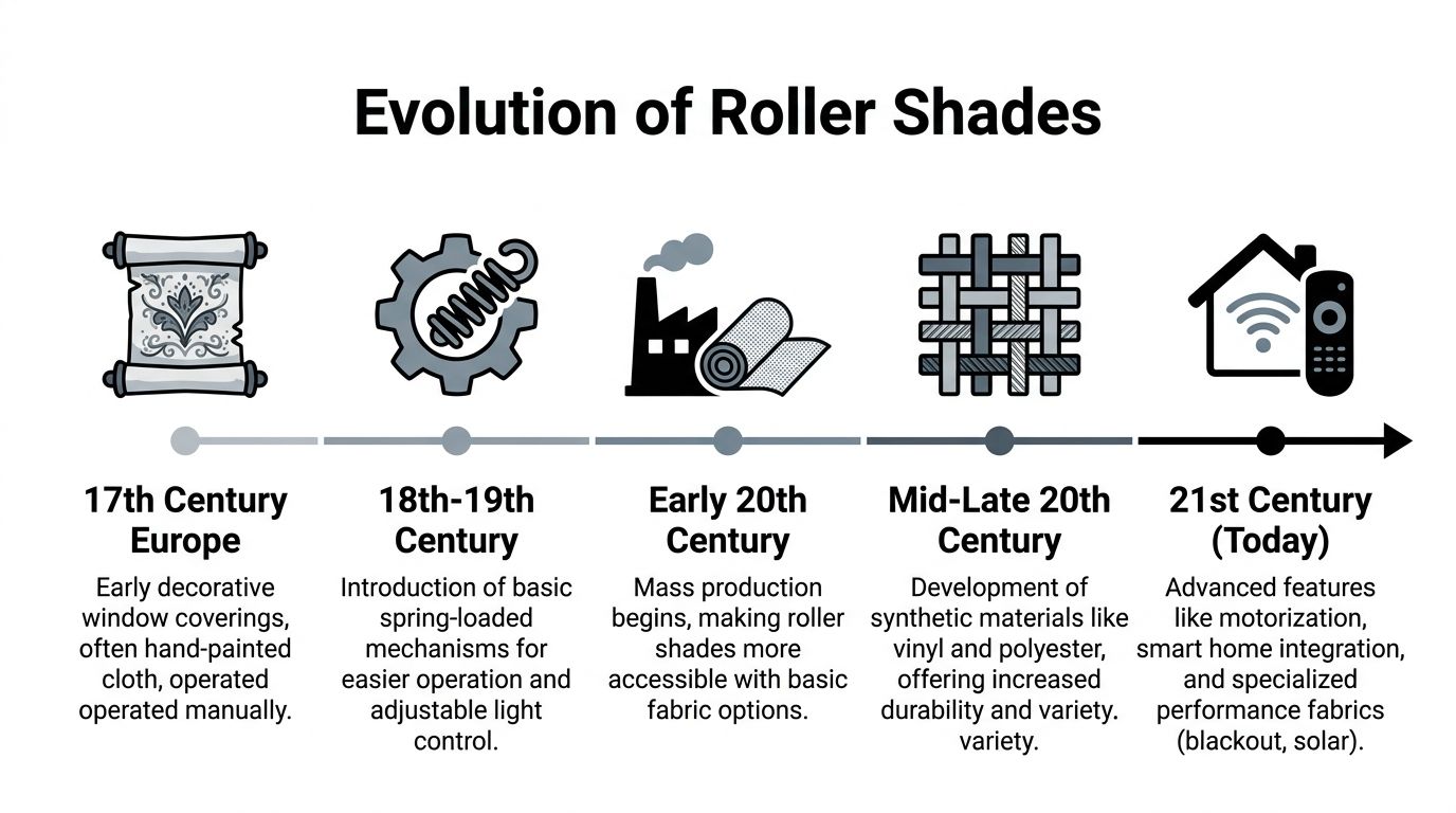 An infographic timeline detailing the history and technological evolution of roller shades from the 17th century to today.