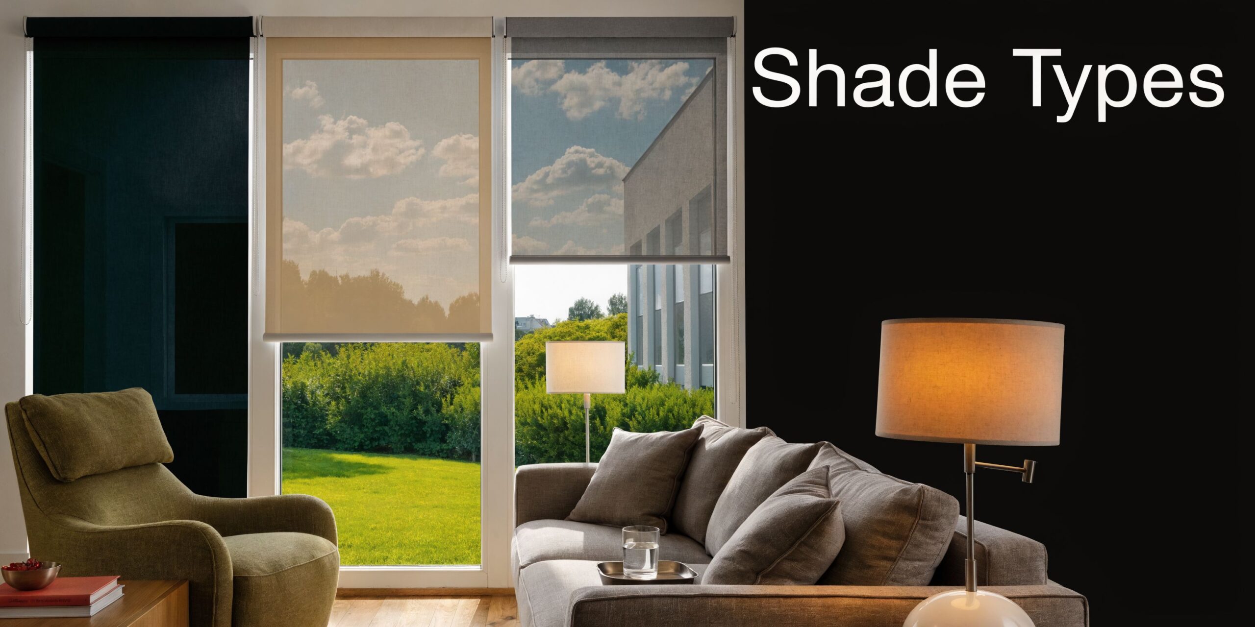 A modern living room showing window roller shades with varying transparency levels against outdoor views.