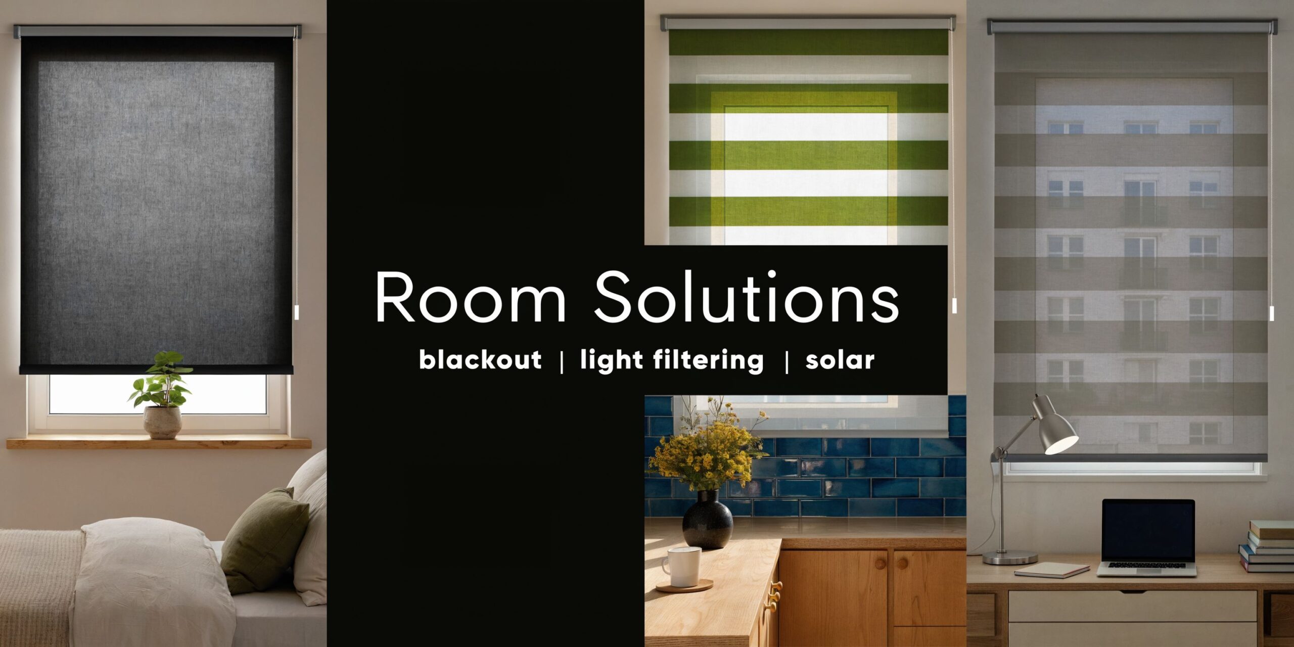 A collage showing three different styles of roller shades installed in various home room settings.