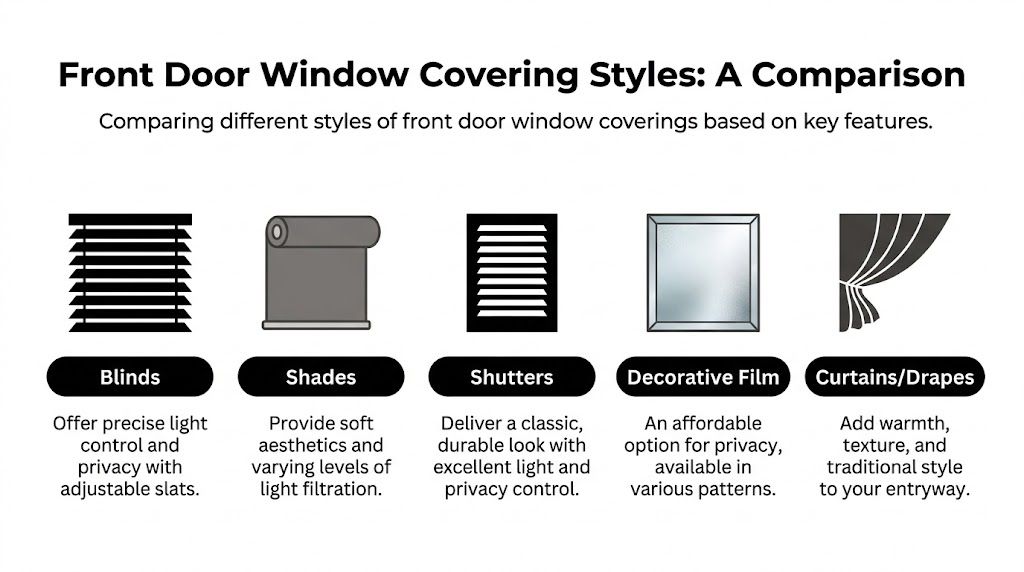 A comparison chart showing five different front door window covering styles including blinds, shades, shutters, film, and curtains.