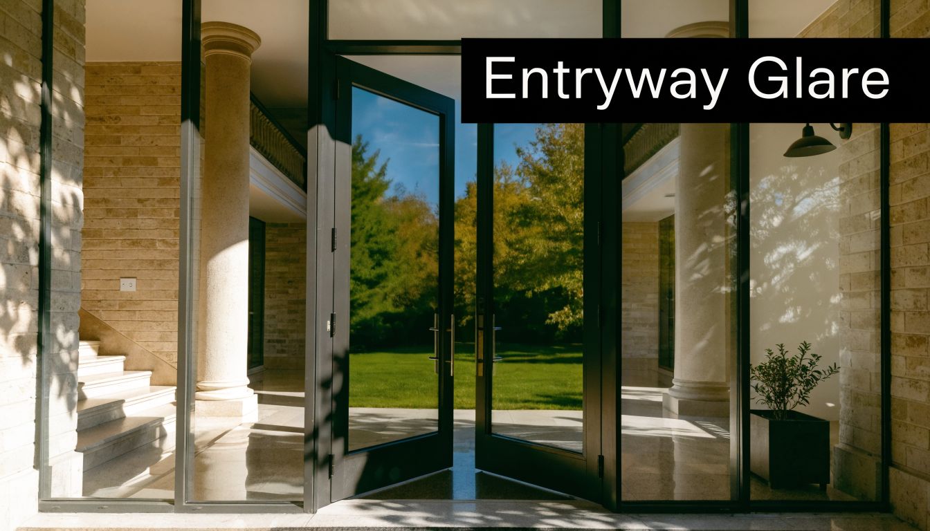 A modern entrance with large glass doors reflecting the outdoors, creating significant glare on the entryway glass.