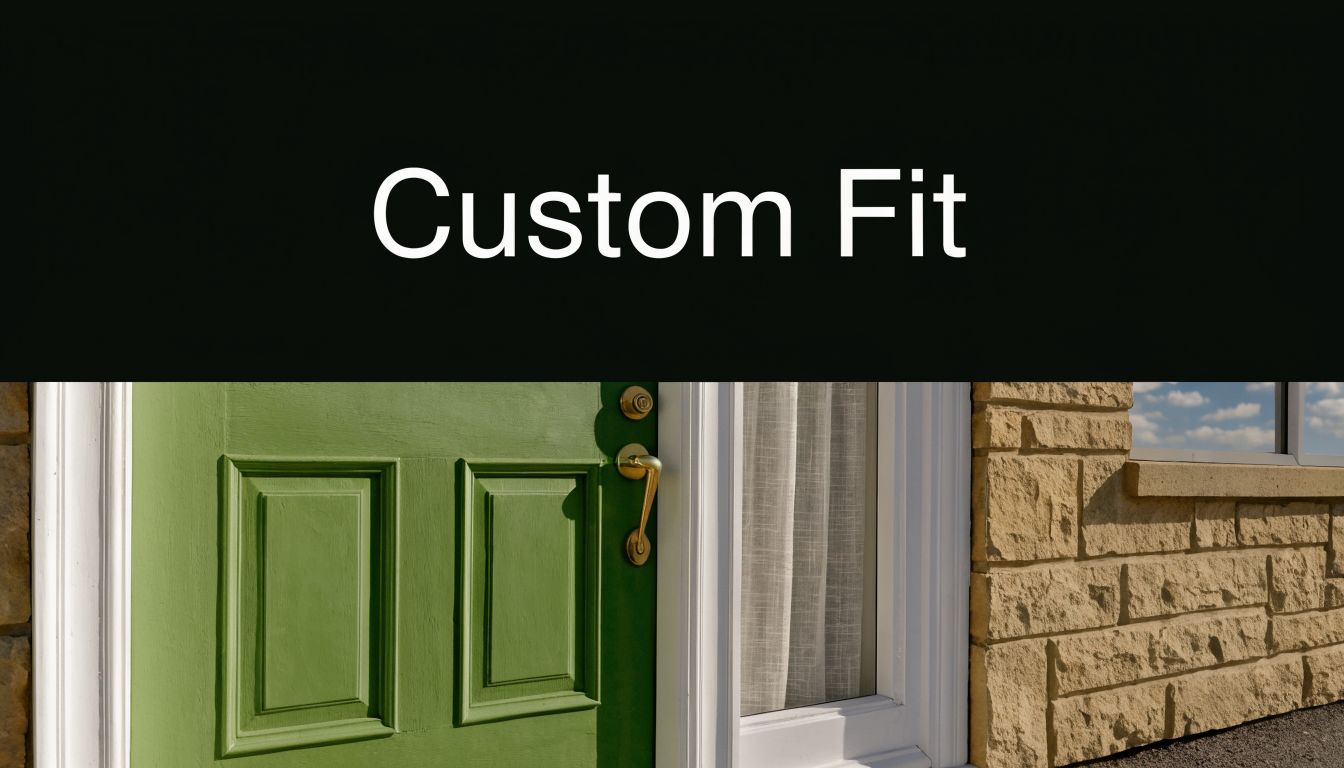 A close-up view of a green front door and a window with a sheer white curtain inside.