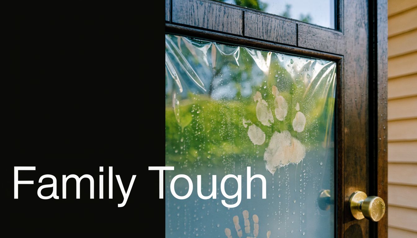 A close-up view of a front door window covered with a protective film showing paw prints.