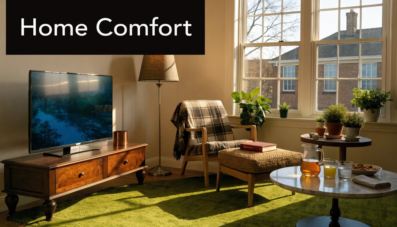 A cozy living room space featuring a television, plaid armchair, coffee table, and large bright windows.