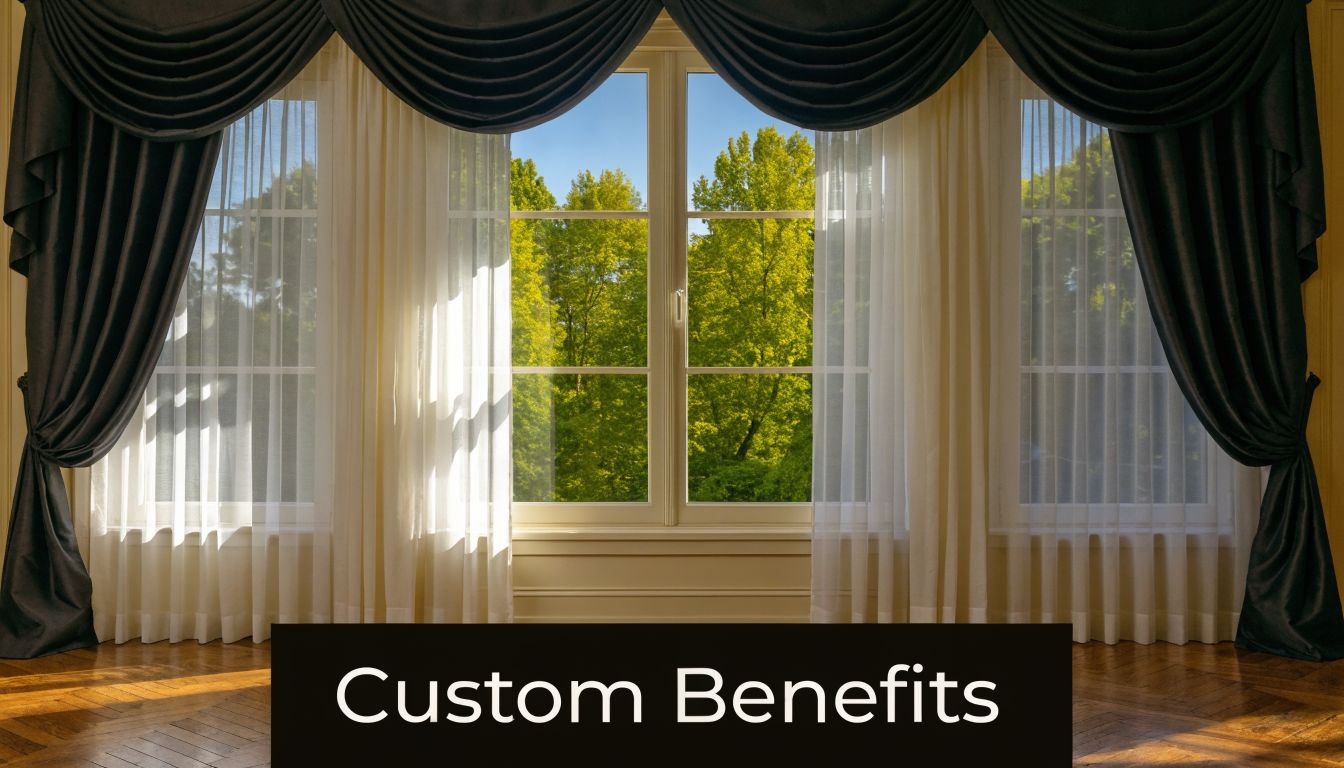 A luxurious window featuring elegant dark fabric curtains and light sheer drapes overlooking green trees.