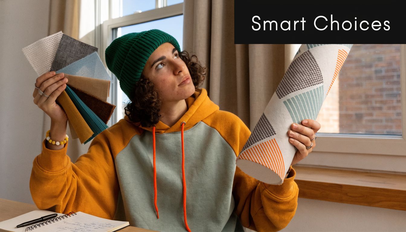 A person wearing a beanie and hoodie holds fabric samples and a patterned roller blind near a window.