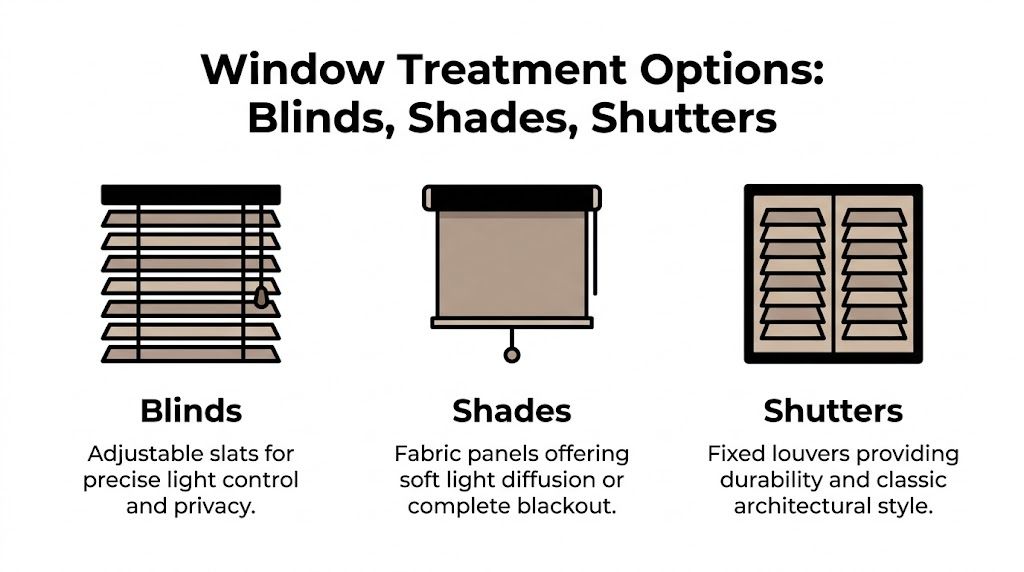 An infographic comparing blinds, shades, and shutters as popular home window treatment options for light control.