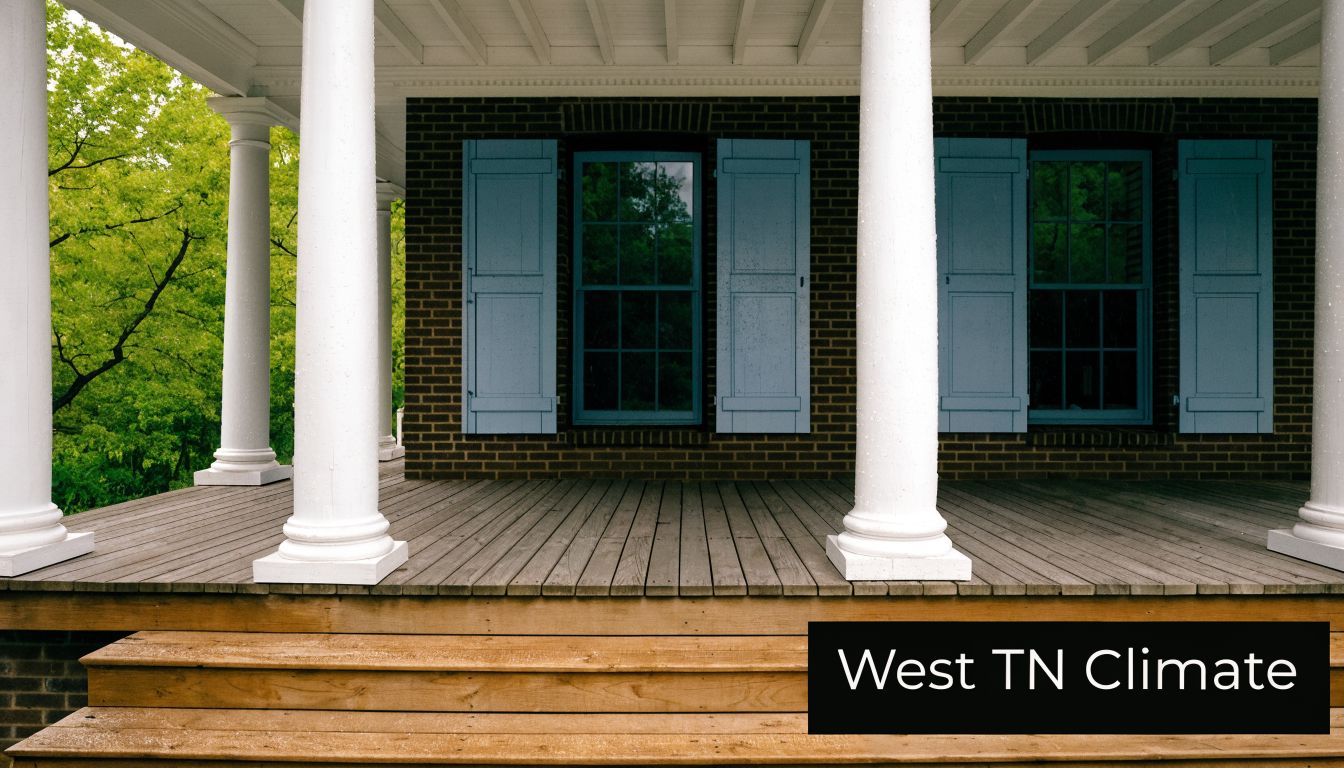 A scenic view of a classic brick home porch featuring elegant white columns and light blue shutters.