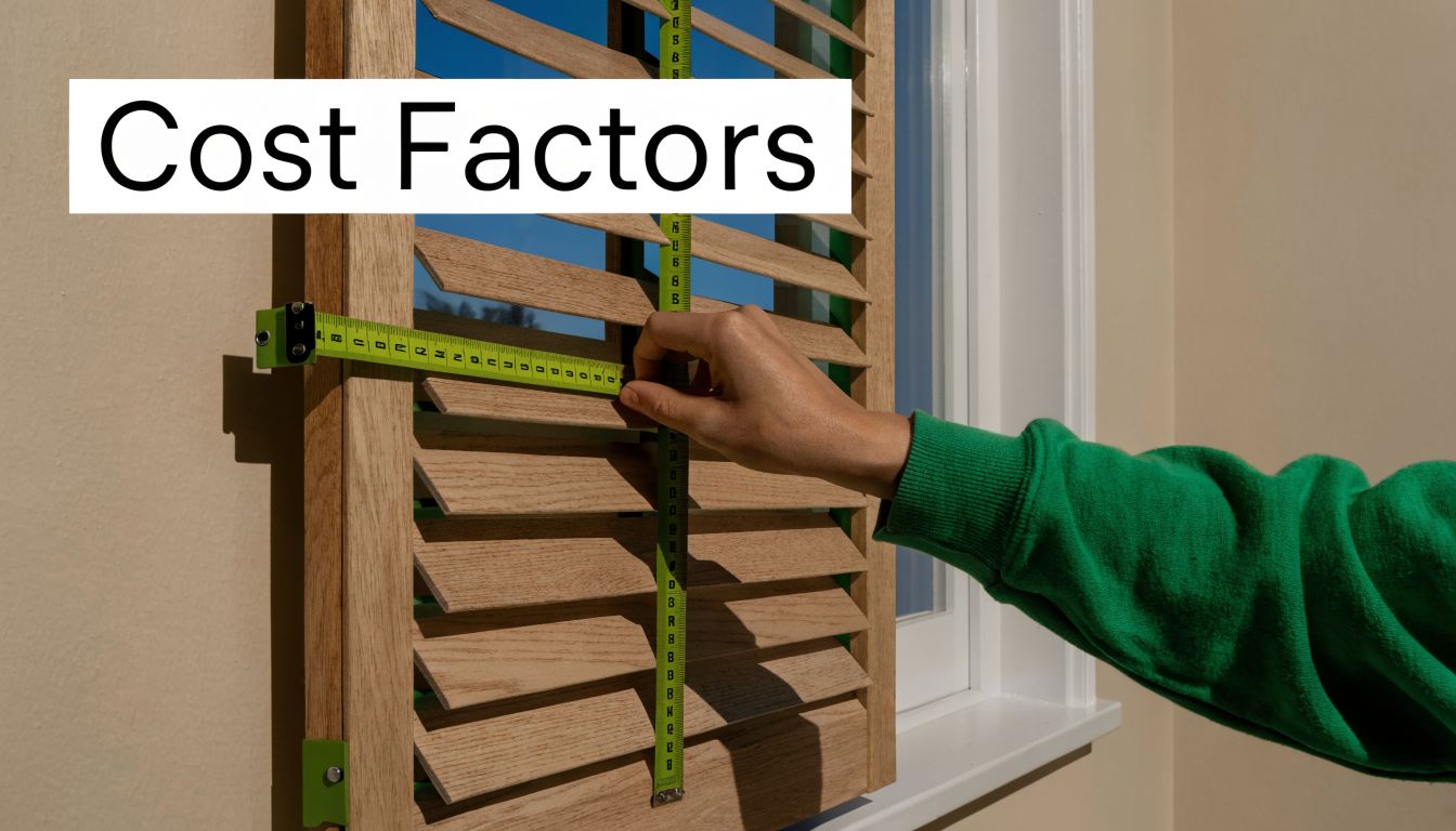 A person using a tape measure to measure wooden plantation shutters for an installation project.