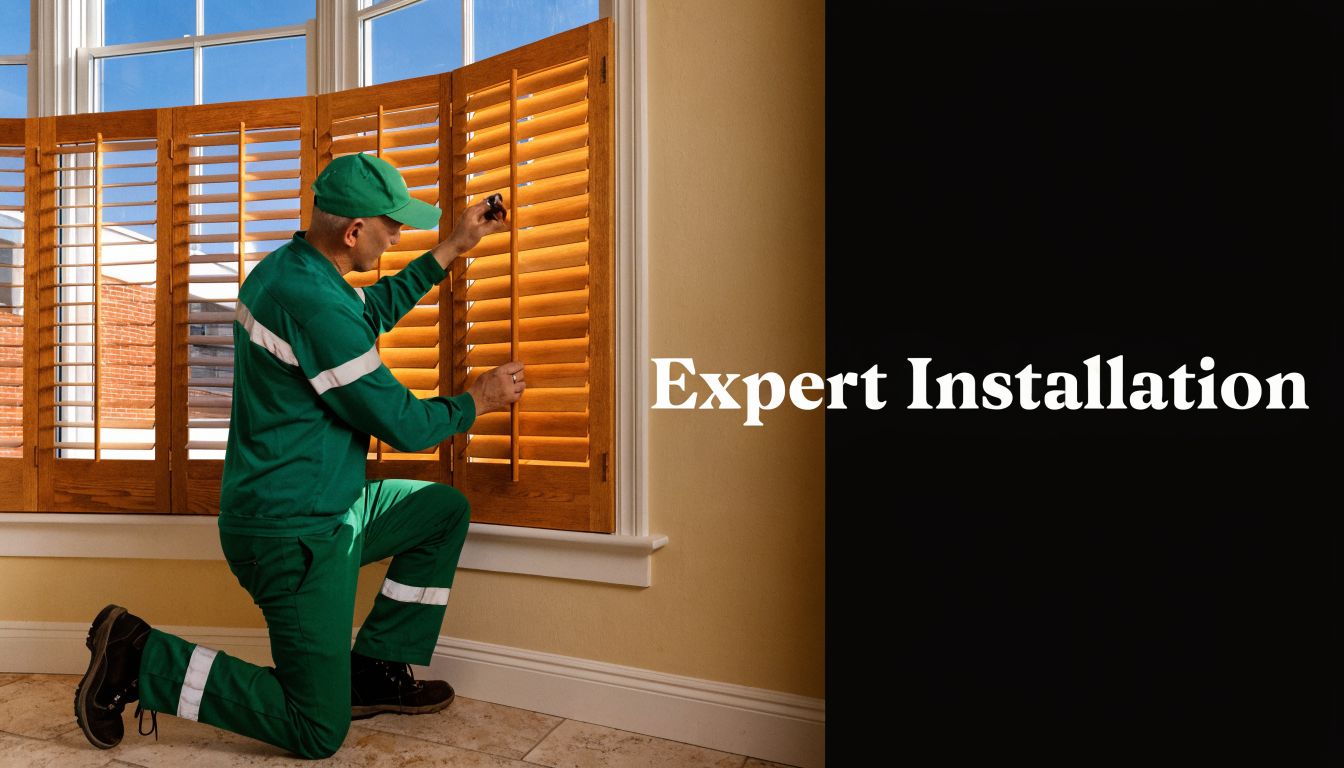 A professional installer in a green uniform kneeling while installing wooden plantation shutters on a window.