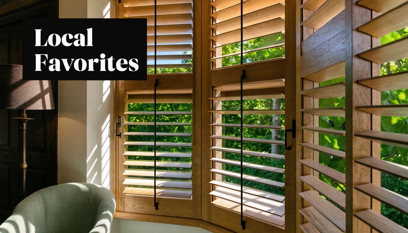 Elegant natural wood plantation shutters installed on a bright bay window overlooking a lush green garden.