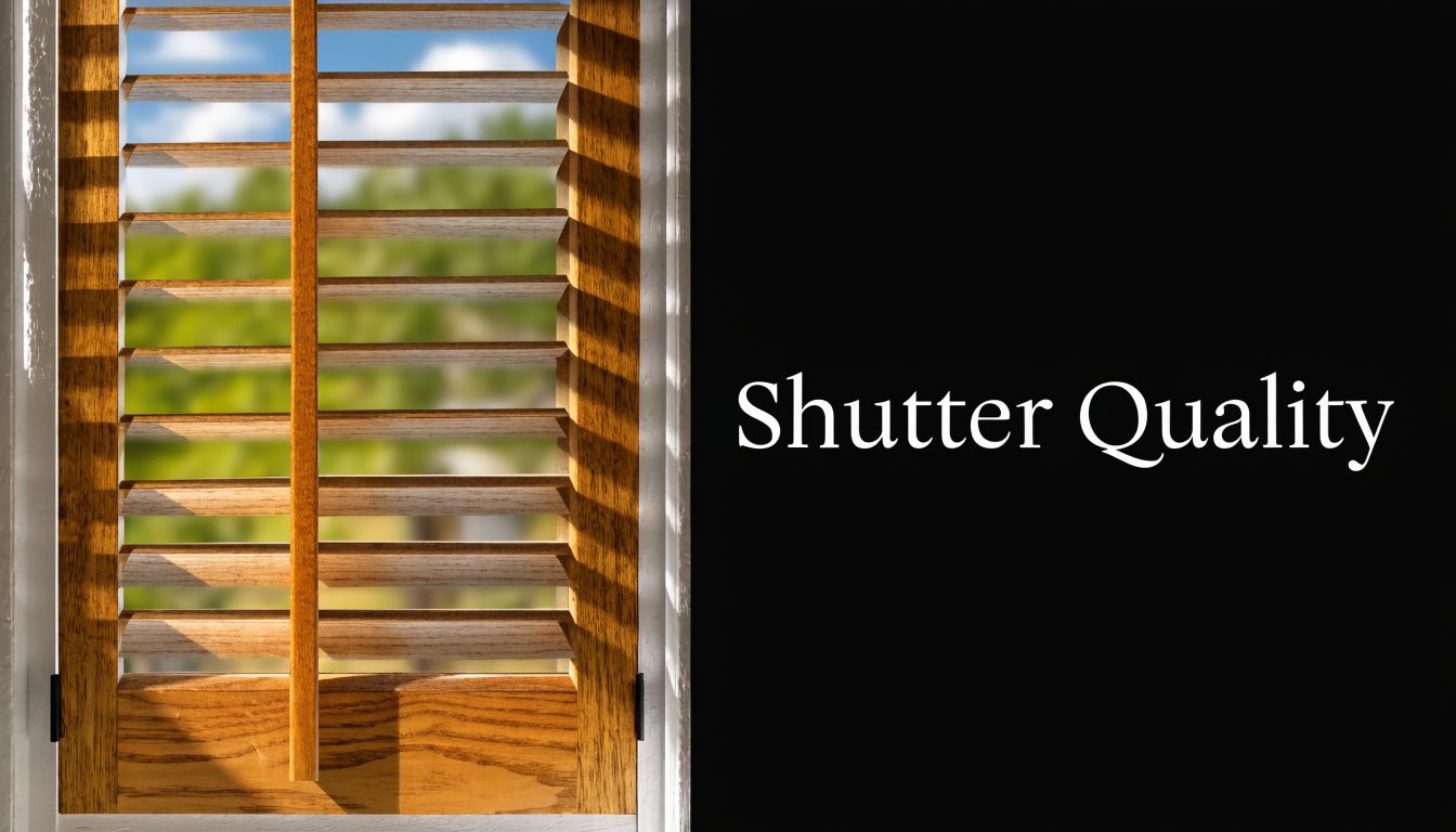 A close-up view of elegant wooden plantation shutters with natural light filtering through the window slats.