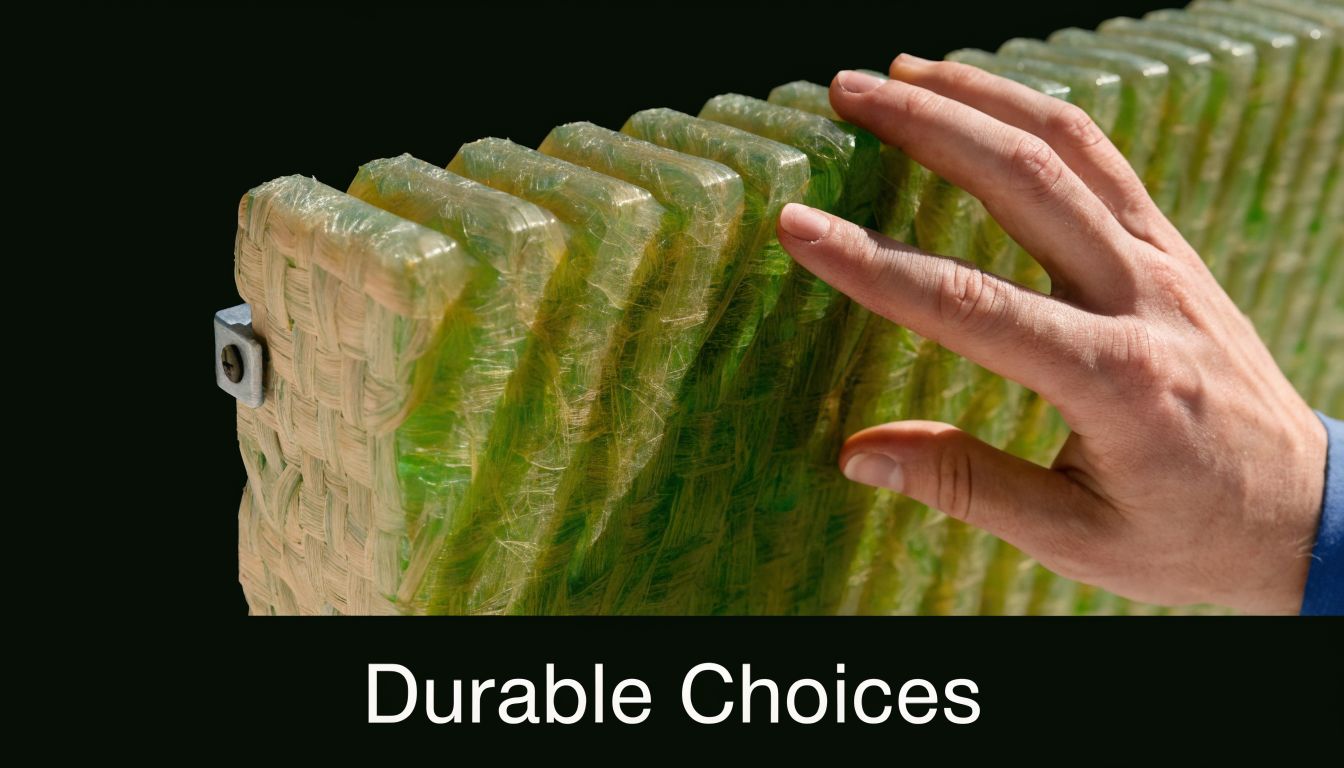 A close-up of a hand touching durable, green woven fiberglass material used for exterior home shutters.