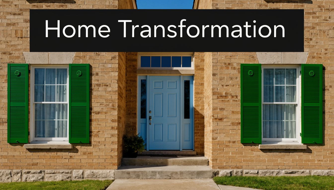 A modern brick house facade featuring a light blue front door and bright green exterior shutters.