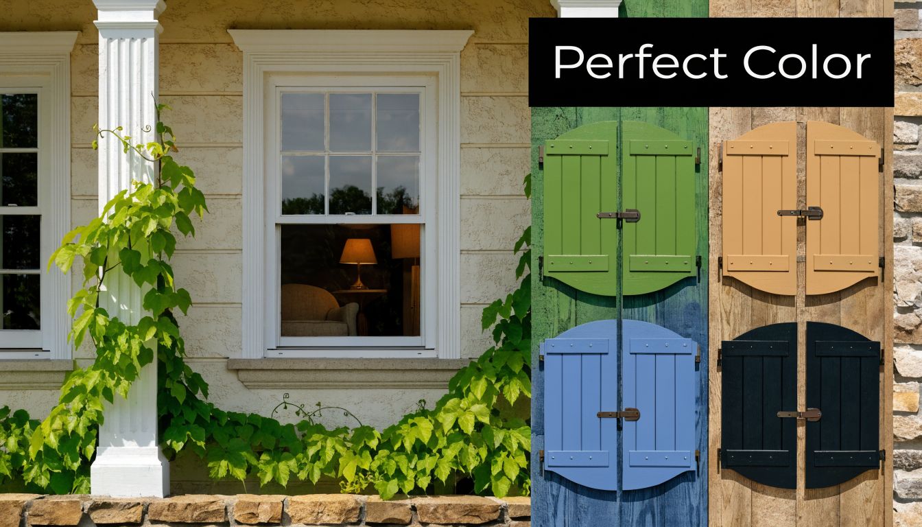 A house exterior featuring a window and climbing vines next to a display of colored exterior shutters.
