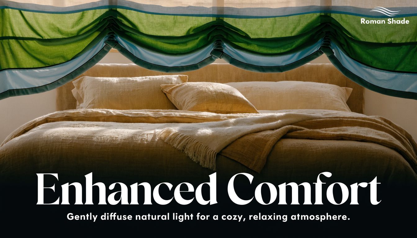A cozy bedroom with soft natural light filtered through elegant green and blue striped Roman shades.