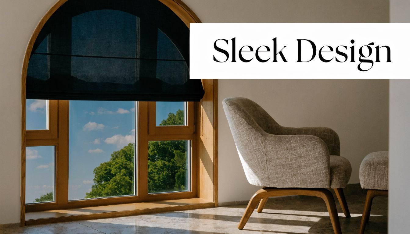 A modern armchair next to an arched window featuring stylish contemporary Roman shades with a view.